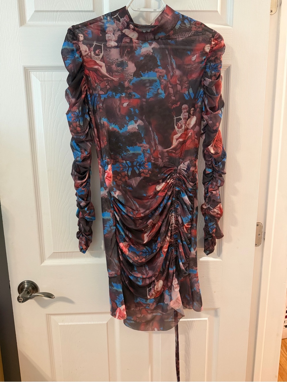 Cherub-Print Multicolor Ruched Long-Sleeve Mesh Mini Dress